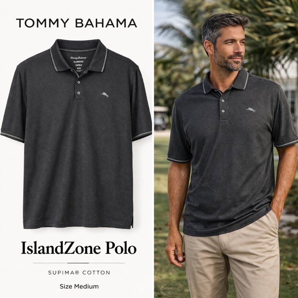 Tommy Bahama IslandZone Supima Polo Shirt Black Mens Medium Short Sleeve